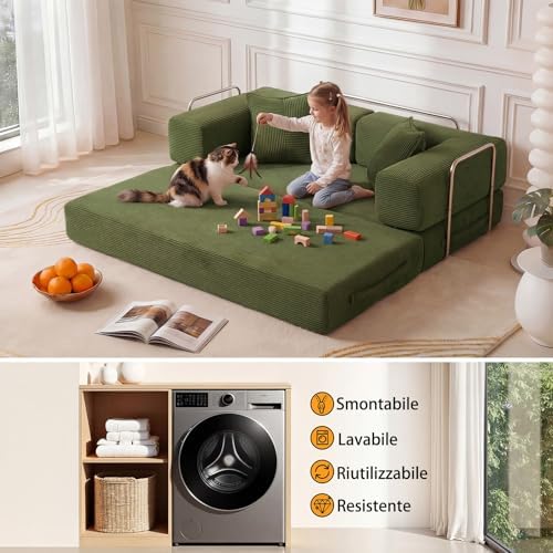 Divano letto a 2 posti, 160 cm, con schiuma e molle, per soggiorno, verde