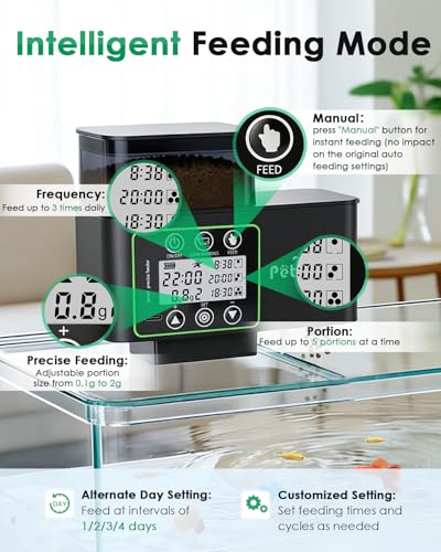 Petbank Automatic Fish Feeder for Aquarium, 230/510ML Adjustable Timer Fish Feeder Dispenser with 0.1-2g Precision Feeding, Feed Cleaning & Shortage Alert,Moisture-Proof, LCD Display,USB Rechargeable