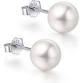 White Gold Plated Sterling Silver Pearl Stud Earrings for Women, White Pearl Wedding Earrings Hypoallergenic Jewelry, 4-12mm