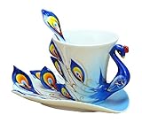 niceEshop(TM) Peacock Mugs Hand Crafted China Enamel Porcelain Tea Mug Coffee Cup Set with Spoon and Saucer (Blue)