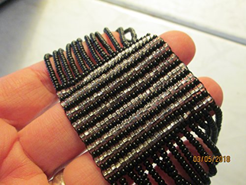 bracelet black silver multi strand statement wide flat bracelet hand loom beaded design fair trade beadwork seed beads elegant striped ethnic handmade