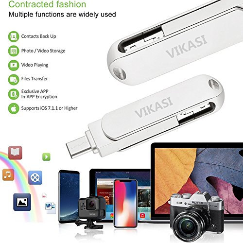 VIKASI USB Flash Drive for iPhone, USB 3.0 Memory Stick 32GB with iPhone Lightning Adapter, USB Type C Thumb Drive for iPhone X/iPad/iPod/Mac/Android/PC/iOS 3 in 1