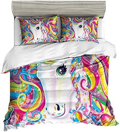 Andrui Duvet Cover Set Unicorn Rainbow Fairytale Sparkling Stars Blue White Pink Hearts Quilt Cover and Pillowcase Kids Boys Girls Bedding Set Bedding Sets Double Size 200x200cm