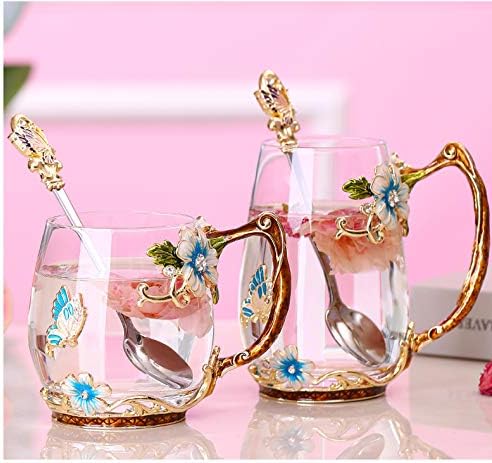 Luka Tech Handmade Enamel Butterfly Flower Glass Coffee Mugs Tea Cup with Spoon,Birthday Gifts for Her Women Mum Friends Valentines Mothers Day - Image 4