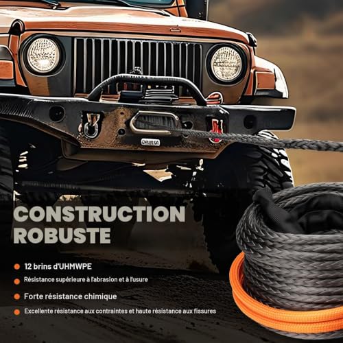 SHALL Tow Straps & Ropes, Synthetic Winch Rope 12mm x 28m, 16 Ton (16500 LB), Protective Sleeve, Forged Winch Hook and Safety Strap.