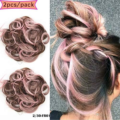 iLUU Hair Extension Curly Up Do Brown/Light Pink Synthetic Hair Messy Bun Extensions 2pcs/package Wavy Elastic Chignon Bun Hairpieces for Women #30
