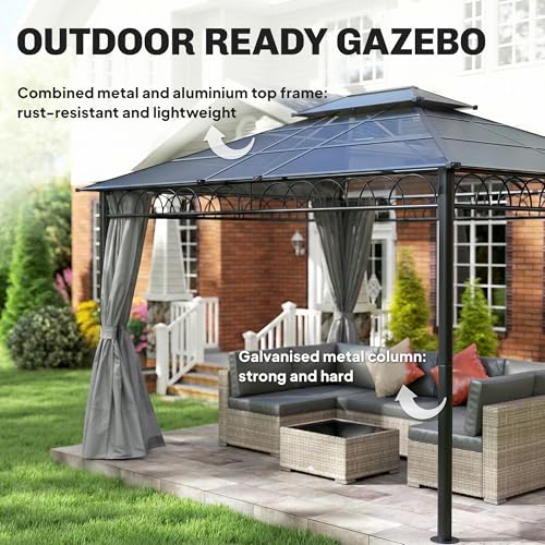 Outsunny 10' x 12' Outdoor Gazebo Canopy, Double Roof Hardtop Gazebo with Polycarbonate Roof, Steel Frame, Nettings and Curtains, for Garden, Lawn, Backyard and Deck, Light Grey