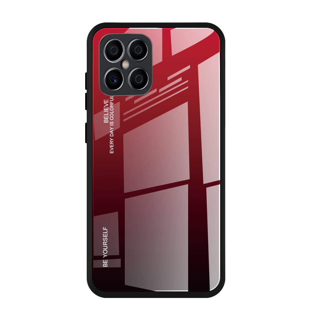 DEDUX Case for Honor X8, Gradient Tempered Glass Back Case and Shockproof Silicone Tpu Protective Phone Case Cover (Red/Black)