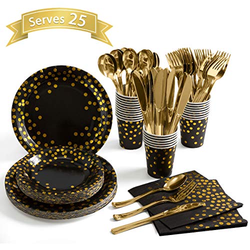 Black and Gold Party Supplies 175 Pieces Golden Dot Disposable Party Dinnerware - Black Paper Plates Napkins Cups, Gold Plastic Forks Knives Spoons for Graduation, Birthday, Cocktail Party