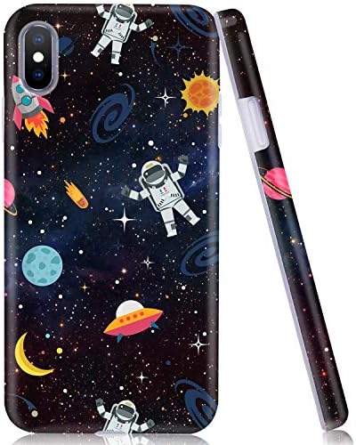 iPhone XS Max Case, Soft Phone Case for Apple XS Max, Emogins Cute Protective Cover with Black Space Galaxy Stars Astronauts Design, Shockproof Lightweight Silicone Case for Men Women Chilldren