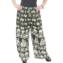 Mogul Interior Women's Palazzo Pant Green Elephants Print High Waist Pajama M/L