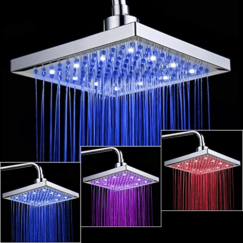 KUNGYO Showerhead Bathroom 8-inches Square LED light 3 Colors-changing Temperature sensor Controlled Rainfall Top Spray Shower Head