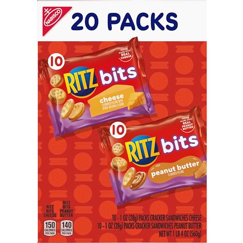 RITZ BITS CHEESE AND RITZ BITS PEANUT BUTTER SANDWICH CRACKERS VARIETY PACK, LUNCH SNACKS, 20 SNACK PACKS