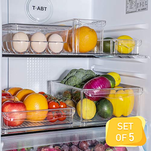 E-Gtong 5 Pack Fridge and Freezer Bins with Handles,Plastic Refrigerator Storage Organizer Bins BPA-Free Stackable Food Storage Containers for Fridge, Freezer, Pantry and Kitchen Clear
