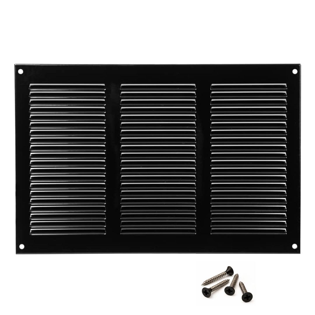 300x200mm / 12x8 inch Black Metal Ventilation Grille with Flyscreen - Air Vent Cover