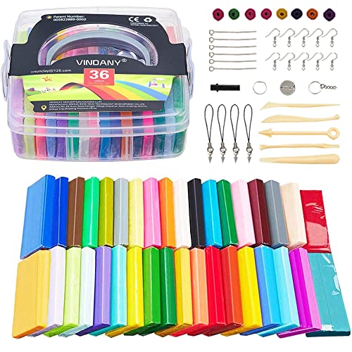 Vindany 36 Colors Polymer Clay Modeling Clay Kit Soft Non-Toxic Baking Soda DIY with Tools and Storage Box Christmas for Kids
