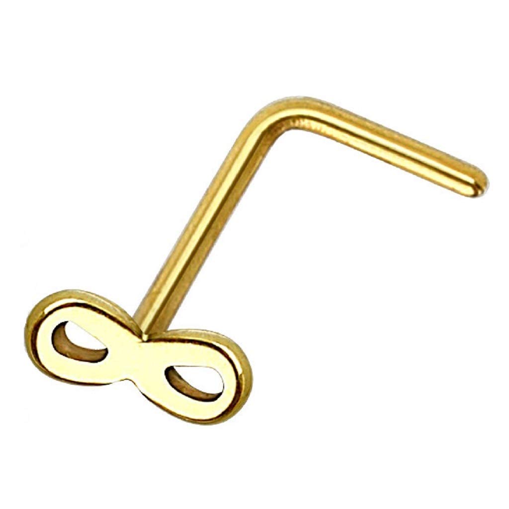 PiercedOff Gold Tone IP over 316L Surgical Steel L Bend Nose Stud with Infinity Head - Thickness 20GA (0.8mm) / Length 6mm / Infinity Size 4mm