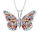 925 Sterling Silver Butterfly Necklace Pendant Multi-Colored Polymer Clay Handmade Jewelry, 16.5