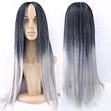 Hawkko 27Inch Straight Cosplay Wig Kanekalon Fiber Women Party Wig (Ombre Black to Gray)