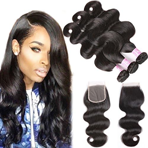 Brazilian Body Wave Bundles with Closure 3 Bundles 9A Remy Human Hair Weave Bundles with Lace Closure 100% Unprocessed Virgin Brazilian Hair Extensions Natural Black (14 16 18 with 12 Free Part)