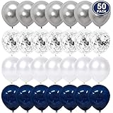 Navy Blue and Silver Confetti Balloons 50 pcs, 12 inch White Pearl and Silver Metallic Chrome Party Balloons for 2019 Graduation Party Decorations
