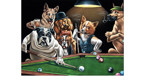 dogs playing pool on black velvet