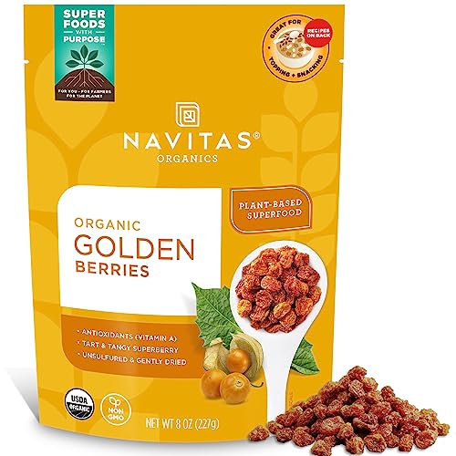 Navitas Organics Goldenberries– For Healthy Snacks, Topping, Baking & More – Dried Fruit – No Added Sugar & Sulfite Free – USDA Organic, Non GMO, Kosher, Gluten Free, Vegan (8oz. Bag, 8 Servings)