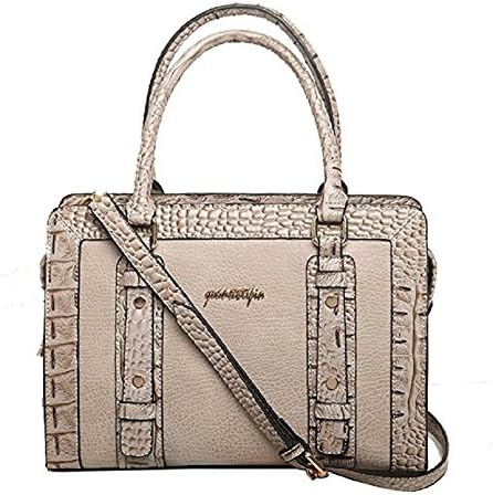 Handbag Box Wearable Printing Polyester Pu Leather Soft Hand Hit Color Zipper Lady Double Root Handbag--y035 (Beige)