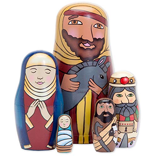 Bits and Pieces - 5pc Nesting Doll Holy Family -The Nativity Family Hand Painted Hand Made Wooden Nesting Dolls Matryoshka Nativity Figurines - Set of 5 Dolls from 5.5" Tall - Thumbnail 6