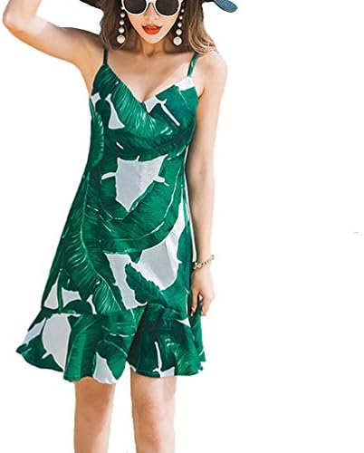Focal20 Palm Leaf Print Dress Ruffle A-Line Dress Spaghetti Strap Dresses Summer Vacation Mini One-Piece