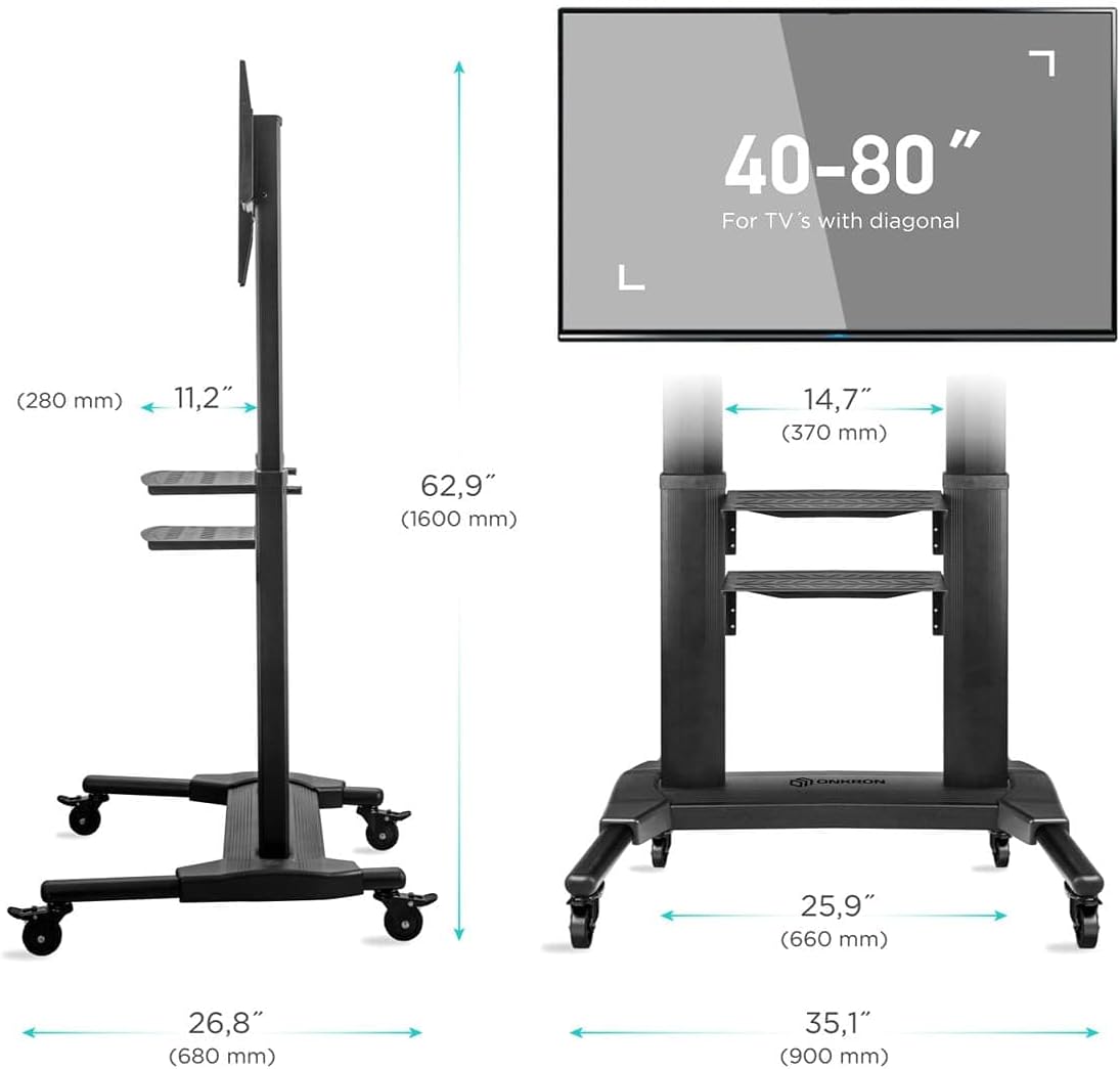 ONKRON Universal Mobile TV Stand with Shelves TV Cart on Wheels for 40” – 80 Inch Flat Panel Curved LCD LED OLED Screens up to 100 lbs TS27-71 (Black) : Office Products