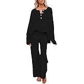Pink Queen Women's 2 Piece Fall Outfit Lounge Set Long Sleeve Button Pullover Sweater Matching Wide Leg Pants Knit Sweatsuit