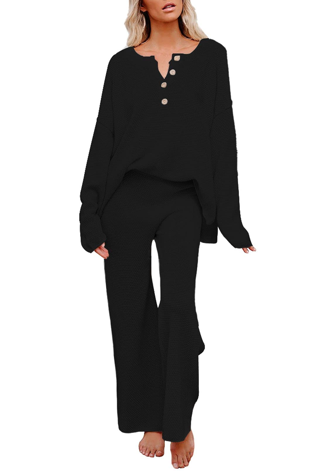 Photo 1 of ****RUNS SMALL*** Pink Queen Women's 2 Piece Knit Sweatsuit Oversized Loose Pullover Sweater Top and Wide Leg Pants Outfit Set Black M