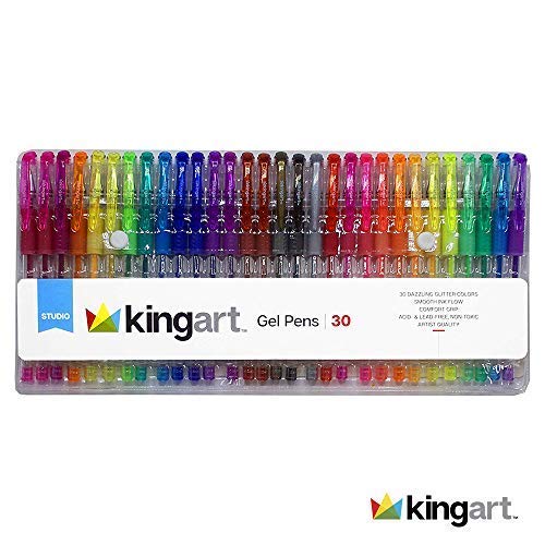 KINGART 400-30 Glitter 30 Pack with 50% More Ink & Soft Artists Soft Grip Gel Pens, Set of 30, Vivid Colors Piece