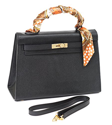 Beaute Bags Classic Grace Padlock Frame Handbag Textured Genuine Leather (Medium, black)