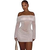 RARITYUS Women’s Off Shoulder Glitter Mini Dress Sexy Sheer Mesh Ruched Bodycon Dress Flare Long Sleeve Party Dresses