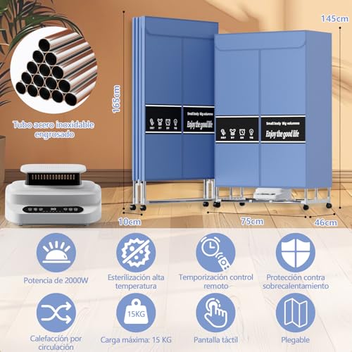 ZVXCABV Secador de Ropa Portátil,Secadora de Ropa Electrica de 2000W,Secador de Ropa de Doble Capa con Temporizador,Pantalla Táctil y Control Remoto,Adecuada para Apartamentos,Casas Rodantes y Hogares