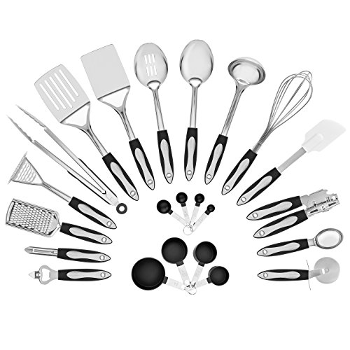 Best Choice Products Set Of 23 Stainless Steel Kitchen Cookware Utensils Set W/Spatulas, Measuring Cups/Spoons, Serving Spoons, Ladle, Whisk, Bottle/Can Openers, Grater, Peeler, Masher - Silver