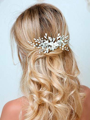 Barogirl Wedding White Flower Hair Comb Clip Crystal Bride Hair Piece Bridal Hair Accessories for Women - Thumbnail 6
