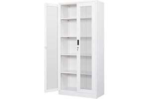 PEUKC Display Cabinet with Glass Doors, Curio Cabinets with 4 Adjustable Shelves, Locking Glass Cabinet Display Case for Home, Office, Clinic, Pantry, Assemble Required, White