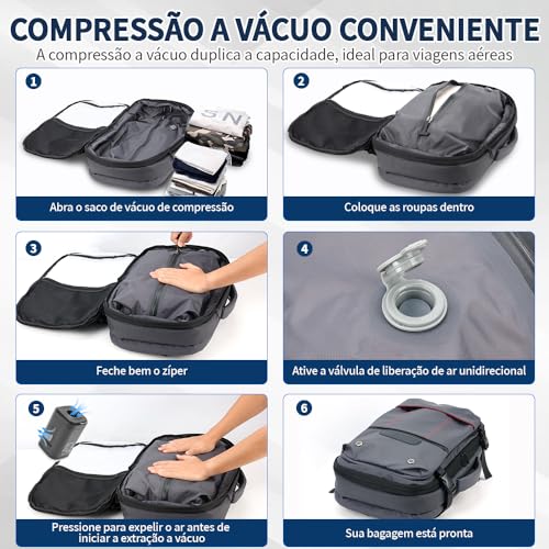Mochila Vacuo, Mochila Vacuo com Bomba, Mochila de Viagem a Vacuo de 60 L, Preto, Tecido Resistente a Salpicos, com Compartimento Dedicado para Portátil de 15,6'' e Bolsa de Separação Seca/Molhada