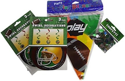 (4) Four Item Football Birthday Tailgating Party Decor Bundle Set - Flag Banner, (2) Two Swirl Decorations and Confetti