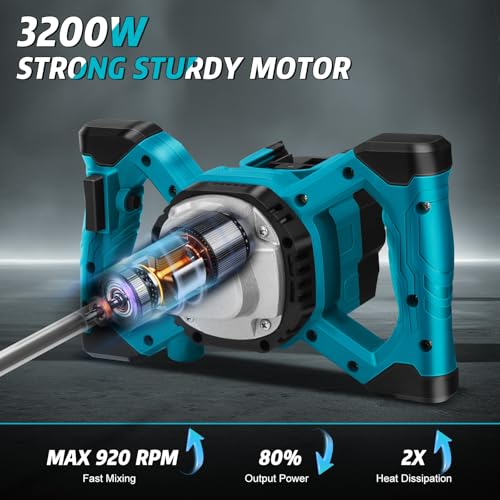 Cement Mixer Compatible with Makita 18V Battery, 3200W Portable Paint Mortar Mixer with 6 Speed, Max 680 RPM, Electric Concrete Stirrer for Mixing Fodder Mortar Paint Glue Putty (No Battery)