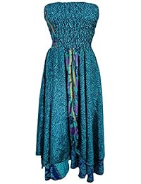 Mogul Womens 2 in 1 Strapless Dress Maxi Skirts Boho Recycled Printed Vintage Sari Two Layer