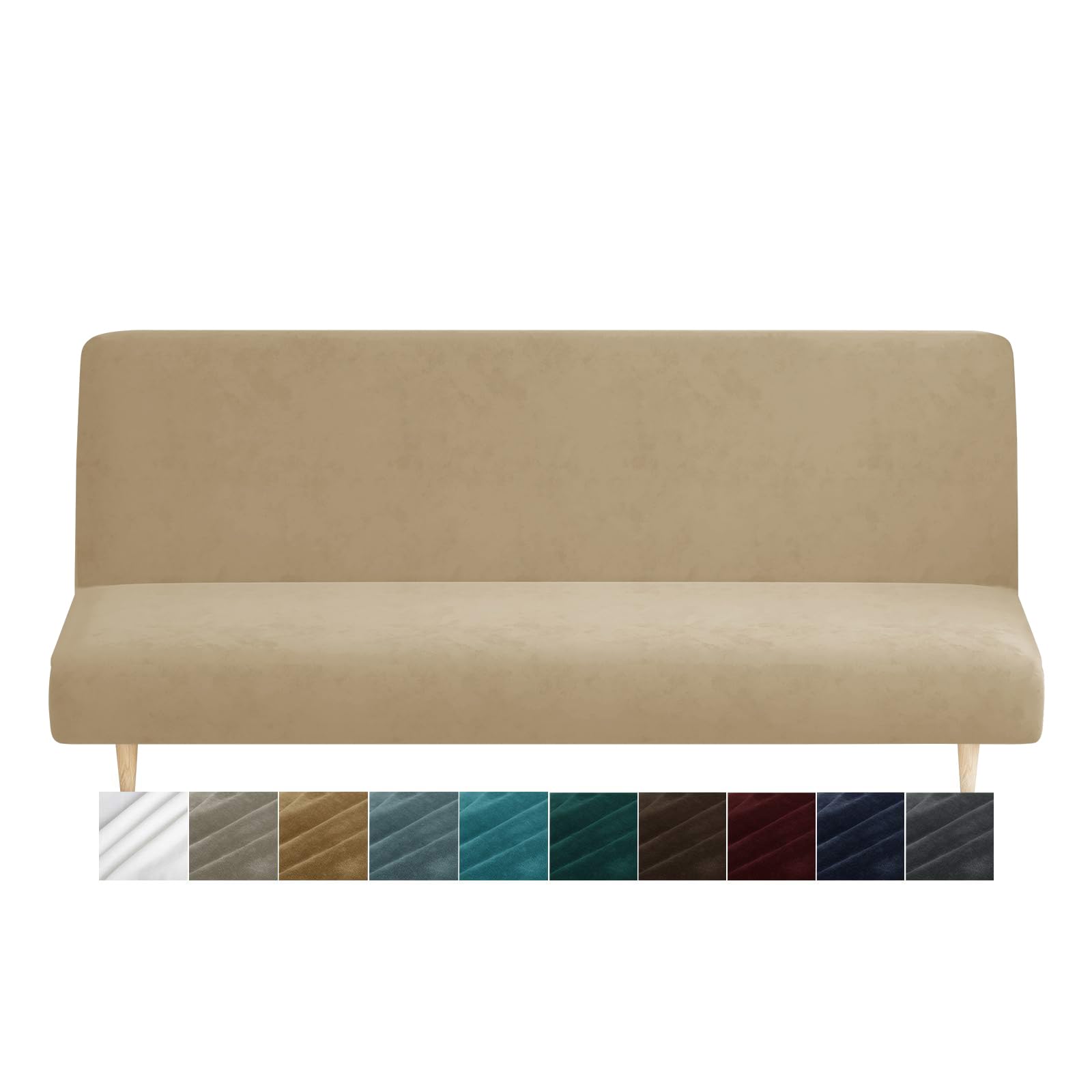 XINEAGE Velvet Futon Cover High Stretch Armless Couch Covers Spandex Fabric Sofa Bed Slipcover Anti Slip Furniture Protector with Elastic Bottom Machine Washable (Futon, Camel)