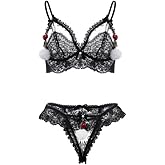 OSUGA Sexy Floral Lace Sheer Lingerie Set Cute Strappy Embroidered Mesh See Through Panty Bra with Thong