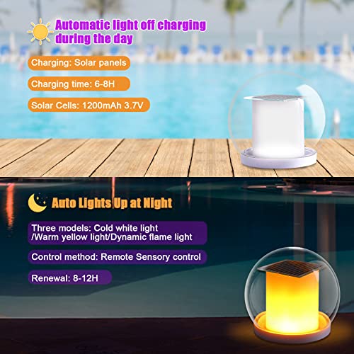 ROMELUCE Floating Pool Lights,Solar Flame Lights Flickering Pool Accessories IP68 Waterproof Pool Lights,7 inch Remote Controllable 3 Light Modes Outdoor Decoration Lamp for Pool (2PCS)