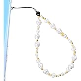 LXUEJIE 1 Pc Pearl Phone Charm, Beaded Phone Lanyard Kawaii Handmade Acrylic Wrist Strap For Phones Camera Keychain, Gold And White Pearls