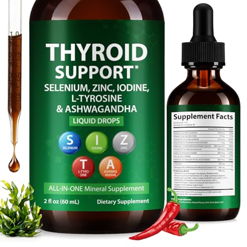 Thyroid Support Liquid Drops, High Absorption Thyroid Supplement with Iodine, Selenium, Zinc, Ashwagandha & L-Tyrosine for Cortisol & Stress Relief, Non-GMO,Vegan,2 Fl Oz