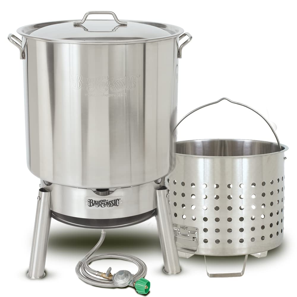 Photo 1 of Bayou Classic KDS-982 Stainless Steel Steamer Kit Features 82-qt Stainless Stockpot with Lid, Steam Basket with Helper Handle, Single Jet 106,000 BTU Burner, 10-psi Pre-Set Regulator and 60-in Hose